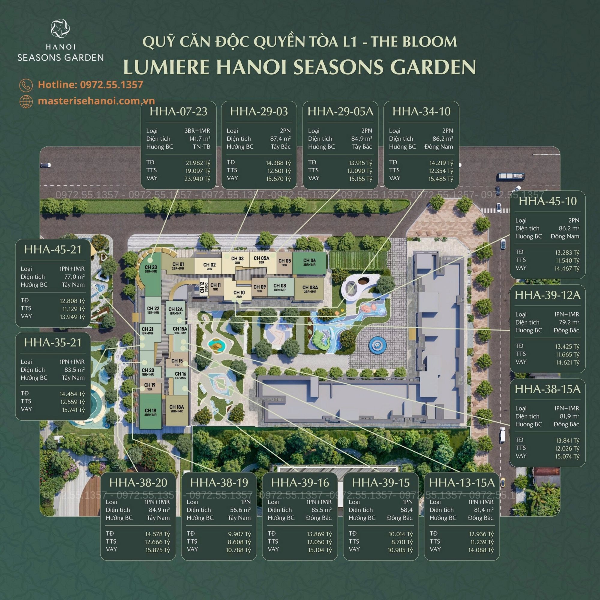 Bảng giá căn hộ Lumière Hanoi Seasons Garden - tòa L1 phân khu The Bloom 1